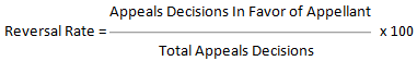Reversal Rate equals Appeals Decisions In Favor of Appellant divided by Total Appeals Decisions then multiplied by 100